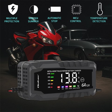Qoltec Inteligentna mikroprocesorowa ładowarka 12V 6A | Prostownik z funkcją naprawy do akumulatora AGM GEL LiFePO4 | LCD