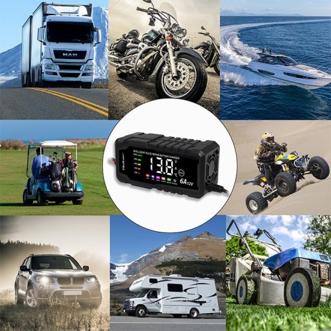 Qoltec Inteligentna mikroprocesorowa ładowarka 12V 6A | Prostownik z funkcją naprawy do akumulatora AGM GEL LiFePO4 | LCD