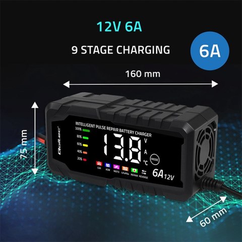 Qoltec Inteligentna mikroprocesorowa ładowarka 12V 6A | Prostownik z funkcją naprawy do akumulatora AGM GEL LiFePO4 | LCD