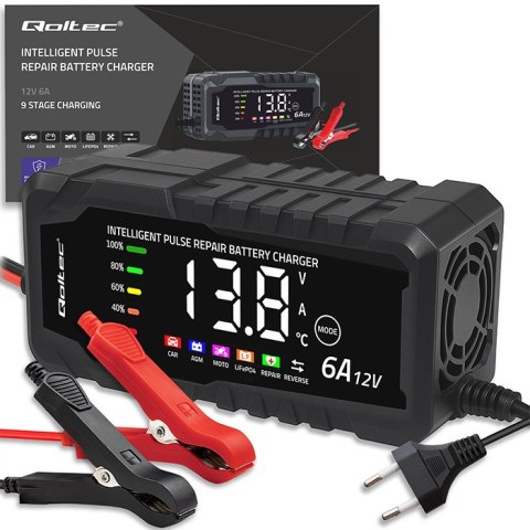 Qoltec Inteligentna mikroprocesorowa ładowarka 12V 6A | Prostownik z funkcją naprawy do akumulatora AGM GEL LiFePO4 | LCD