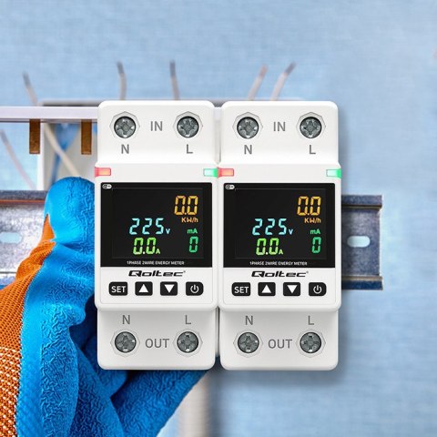 Qoltec Jednofazowy elektroniczny licznik watomierz | miernik zużycia energii | DIN35 | Zdalne sterowanie | Historia pomiaru | Wi