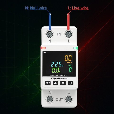 Qoltec Jednofazowy elektroniczny licznik watomierz | miernik zużycia energii | DIN35 | Zdalne sterowanie | Historia pomiaru | Wi