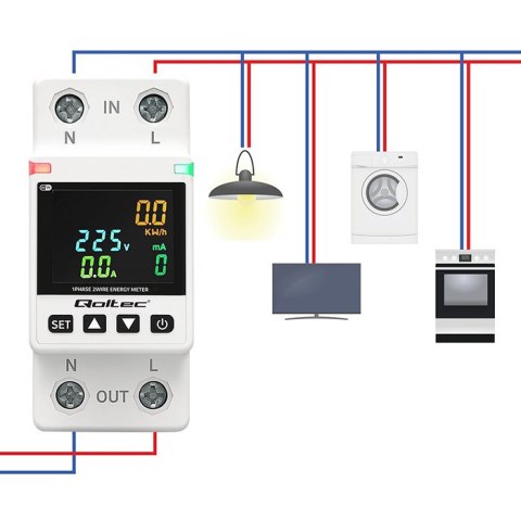 Qoltec Jednofazowy elektroniczny licznik watomierz | miernik zużycia energii | DIN35 | Zdalne sterowanie | Historia pomiaru | Wi