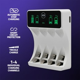 Qoltec Ładowarka do akumulatorków Ni-MH typu R03 AAA R6 AA | LCD | Kabel USB-C | Biała