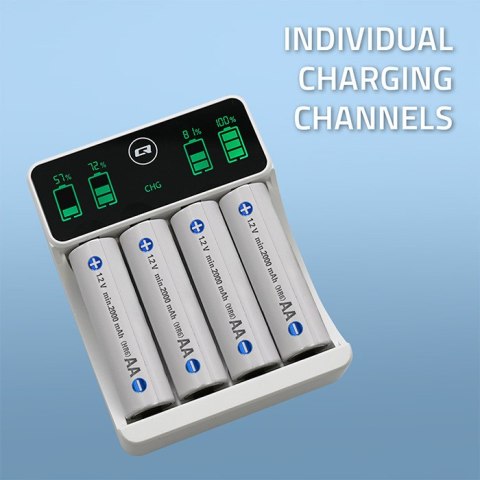 Qoltec Ładowarka do akumulatorków Ni-MH typu R03 AAA R6 AA | LCD | Kabel USB-C | Biała