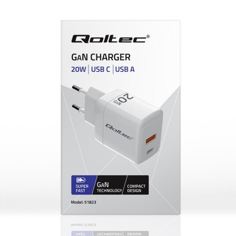 Qoltec Ładowarka sieciowa 20W GaN | 5-20V | 1.5-3A | 1 x USB-C PD | 1 x USB QC 3.0 | Biała