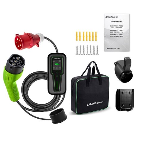 Qoltec Mobilna ładowarka do samochodu elektrycznego EV z regulacją 2w1 Typ2 | 11kW | 3 Fazy | LCD | Przenośna | Wallbox | 5m