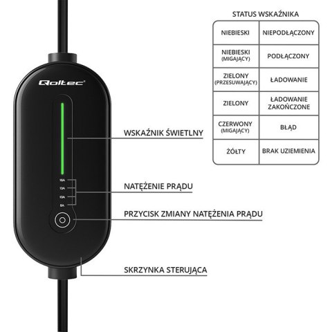 Qoltec Mobilna ładowarka do samochodu elektrycznego EV z regulacją 2w1 Typ2 | 3.5kW | 230V | LCD | LED | 5m