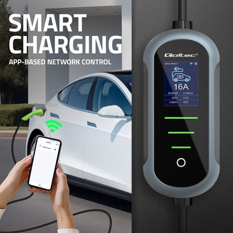Qoltec Mobilna ładowarka do samochodu elektrycznego EV z regulacją 2w1 Typ2 | 3.5kW | 230V | Wi-fi | TUYA | SMART LIFE | LCD | P