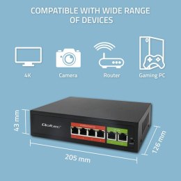 Qoltec Przełącznik sieciowy SWITCH FAST Ethernet PoE | 4x RJ45 | 2x RJ45 Uplink | 65W | 10/100Mb/s