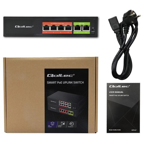 Qoltec Przełącznik sieciowy SWITCH FAST Ethernet PoE | 4x RJ45 | 2x RJ45 Uplink | 65W | 10/100Mb/s