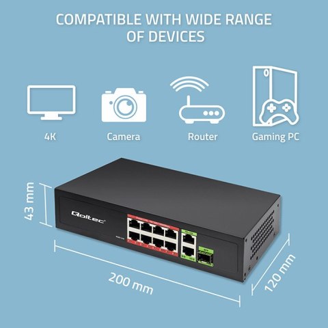 Qoltec Przełącznik sieciowy SWITCH FAST Ethernet PoE 8x RJ45 PoE 2x RJ45 Uplink 1x SFP | 120W | 1000 Mb