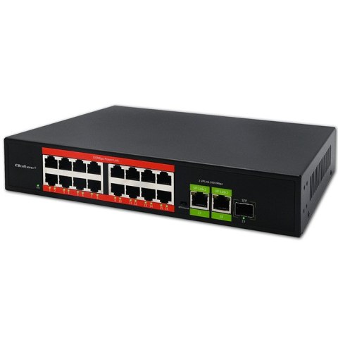 Qoltec Przełącznik sieciowy SWITCH Fast Ethernet PoE | 16x RJ45 10/100 Mb/s | 2x RJ45 Uplink 1000 Mb/s | 1x SFP 1000 Mb/s