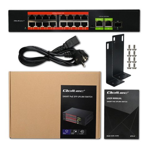 Qoltec Przełącznik sieciowy SWITCH Fast Ethernet PoE | 16x RJ45 10/100 Mb/s | 2x RJ45 Uplink 1000 Mb/s | 1x SFP 1000 Mb/s