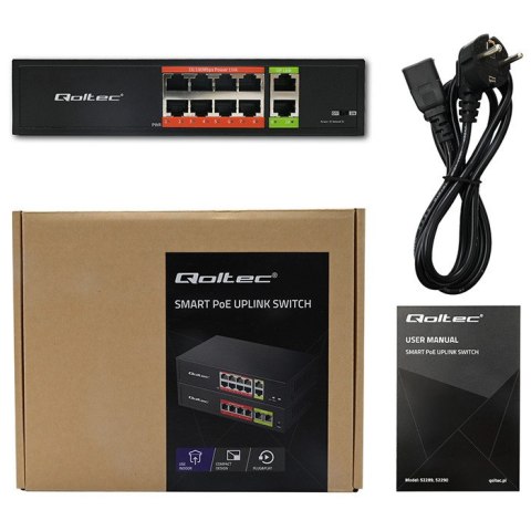Qoltec Przełącznik sieciowy SWITCH Fast Ethernet PoE | 8x RJ45 | 2x RJ45 Uplink | 120W | 10/100 Mb/s