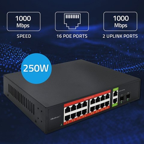Qoltec Przełącznik sieciowy SWITCH Gigabit Ethernet PoE | 16x RJ45 | 2x RJ45 Uplink | 2x SFP | 1000Mb/s