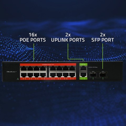 Qoltec Przełącznik sieciowy SWITCH Gigabit Ethernet PoE | 16x RJ45 | 2x RJ45 Uplink | 2x SFP | 1000Mb/s