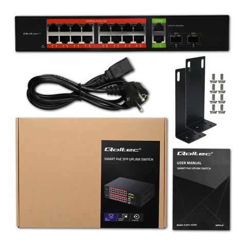 Qoltec Przełącznik sieciowy SWITCH Gigabit Ethernet PoE | 16x RJ45 | 2x RJ45 Uplink | 2x SFP | 1000Mb/s