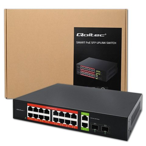 Qoltec Przełącznik sieciowy SWITCH Gigabit Ethernet PoE | 16x RJ45 | 2x RJ45 Uplink | 2x SFP | 1000Mb/s