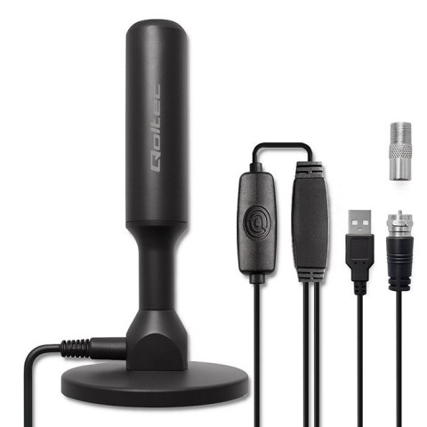 Qoltec Wewnętrzna Antena TV DVB-T2 ze wzmacniaczem sygnału i magnetyczną podstawą | 4K | 28dBi | 5m