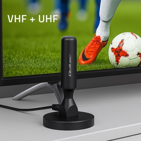 Qoltec Wewnętrzna Antena TV DVB-T2 ze wzmacniaczem sygnału i magnetyczną podstawą | 4K | 28dBi | 5m