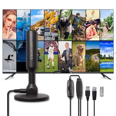 Qoltec Wewnętrzna Antena TV DVB-T2 ze wzmacniaczem sygnału i magnetyczną podstawą | 4K | 28dBi | 5m