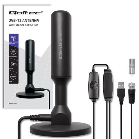 Qoltec Wewnętrzna Antena TV DVB-T2 ze wzmacniaczem sygnału i magnetyczną podstawą | 4K | 28dBi | 5m