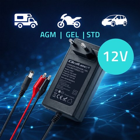 Qoltec Automatyczna ładowarka do akumulatora AGM GEL STD | Prostownik 12V | 2A | 24W | 5.5x2.1 | Kabel 1.8m