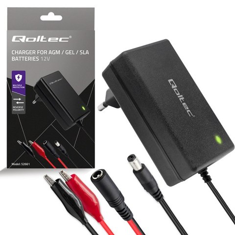 Qoltec Automatyczna ładowarka do akumulatora AGM GEL STD | Prostownik 12V | 2A | 24W | 5.5x2.1 | Kabel 1.8m