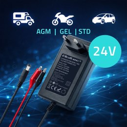 Qoltec Automatyczna ładowarka do akumulatora AGM GEL STD | Prostownik 24V | 19.2W | 5.5x2.1 | Kabel 1.8m