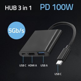 Qoltec Hub Adapter USB-C 3.1 3w1 | USB 3.0 | HDMI 4K | USB-C 3.1 PD 100W