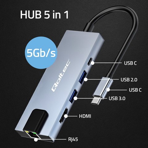 Qoltec Hub Adapter USB-C 5w1 | USB-C PD 100W | 2x USB | HDMI 4K | RJ45