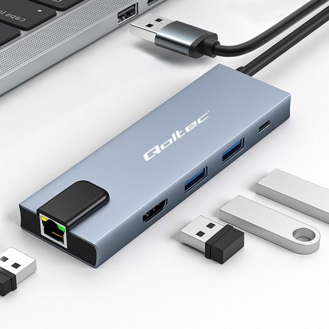 Qoltec Hub Adapter USB-C 5w1 | USB-C PD 100W | 2x USB | HDMI 4K | RJ45