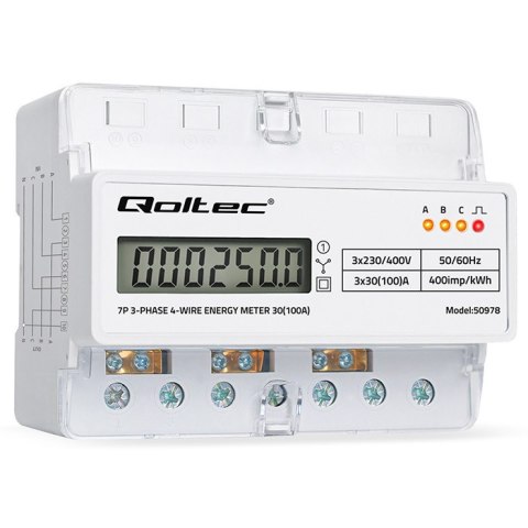 Qoltec Trójfazowy elektroniczny licznik | miernik zużycia energii na szynę DIN | 400V | 100A | LCD | LED | 7P