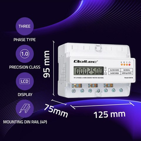 Qoltec Trójfazowy elektroniczny licznik | miernik zużycia energii na szynę DIN | 400V | 100A | LCD | LED | 7P