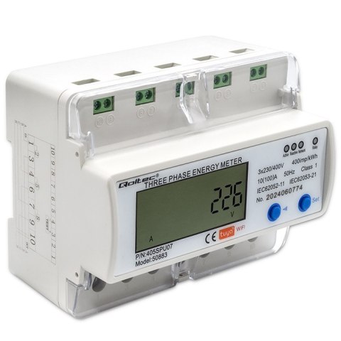 Qoltec Trójfazowy elektroniczny licznik | miernik zużycia energii na szynę DIN | Wi-fi | TUYA | 400V | LCD