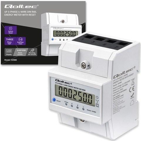 Qoltec Trójfazowy elektroniczny licznik z resetem | miernik zużycia energii na szynę DIN | 400V | 100A | LCD | LED | 4P
