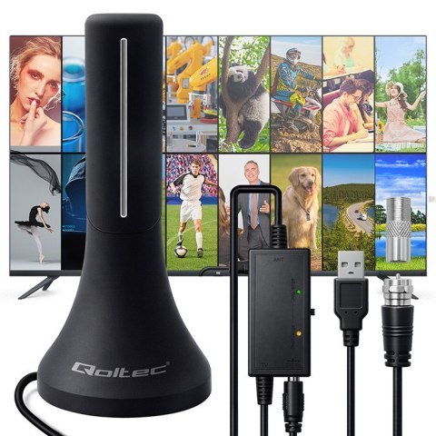 Qoltec Wewnętrzna mocna Antena TV DVB-T/T2 | wzmacniacz sygnału | 4K | wysoki zysk 32dBi | 360º | Kabel 4m
