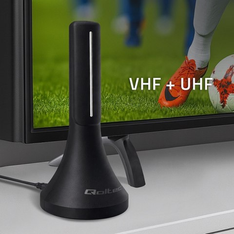 Qoltec Wewnętrzna mocna Antena TV DVB-T/T2 | wzmacniacz sygnału | 4K | wysoki zysk 32dBi | 360º | Kabel 4m