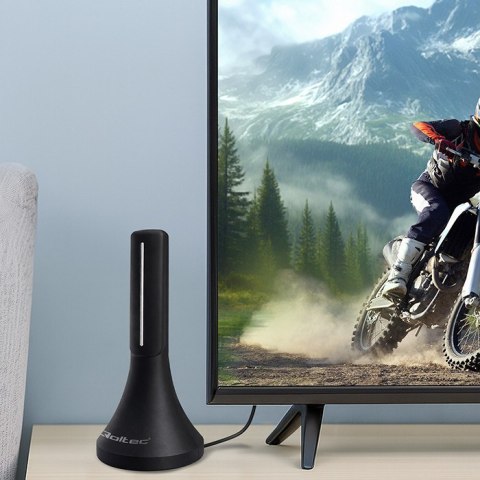 Qoltec Wewnętrzna mocna Antena TV DVB-T/T2 | wzmacniacz sygnału | 4K | wysoki zysk 32dBi | 360º | Kabel 4m