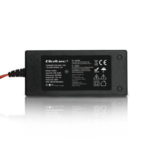 Qoltec Automatyczna ładowarka do akumulatora AGM GEL STD | Prostownik 12V | 4A | 48W | LED | Kabel 1.8m