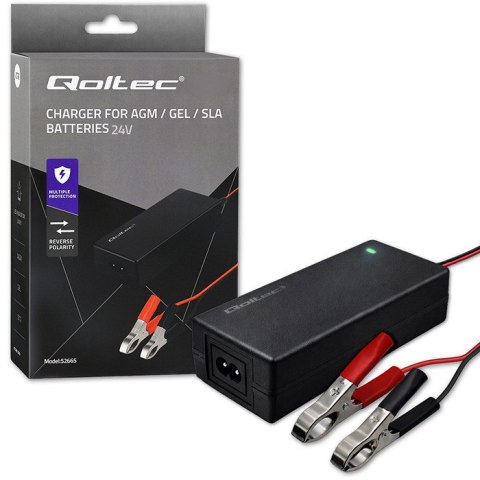 Qoltec Automatyczna ładowarka do akumulatora AGM GEL STD | Prostownik 24V | 2A | 48W | LED | Kabel 1.8m
