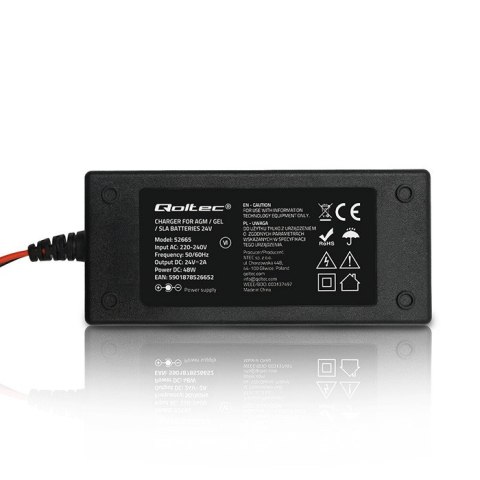 Qoltec Automatyczna ładowarka do akumulatora AGM GEL STD | Prostownik 24V | 2A | 48W | LED | Kabel 1.8m