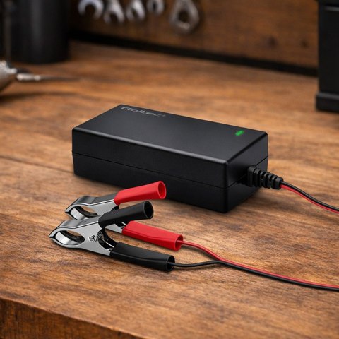 Qoltec Automatyczna ładowarka do akumulatora AGM GEL STD | Prostownik 24V | 2A | 48W | LED | Kabel 1.8m