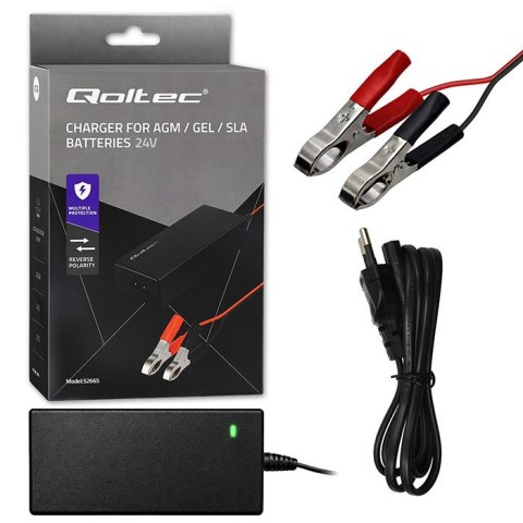 Qoltec Automatyczna ładowarka do akumulatora AGM GEL STD | Prostownik 24V | 2A | 48W | LED | Kabel 1.8m
