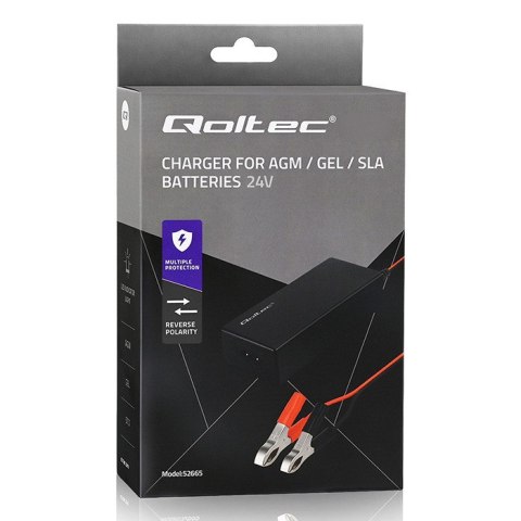 Qoltec Automatyczna ładowarka do akumulatora AGM GEL STD | Prostownik 24V | 2A | 48W | LED | Kabel 1.8m