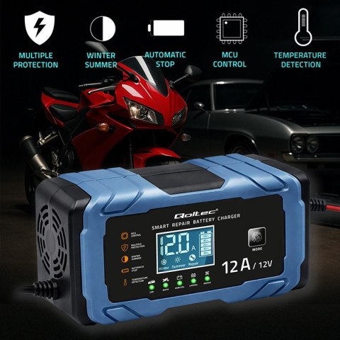 Qoltec Inteligentna mikroprocesorowa ładowarka 12V 12A | Prostownik z funkcją naprawy | AGM GEL LiFePO4 | 9- stopniowe ładowanie