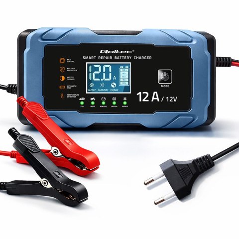 Qoltec Inteligentna mikroprocesorowa ładowarka 12V 12A | Prostownik z funkcją naprawy | AGM GEL LiFePO4 | 9- stopniowe ładowanie