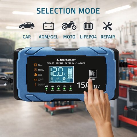 Qoltec Inteligentna mikroprocesorowa ładowarka 12V 15A | Prostownik z funkcją naprawy | AGM GEL LiFePO4 | 9- stopniowe ładowanie