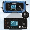 Qoltec Inteligentna mikroprocesorowa ładowarka 12V 15A | Prostownik z funkcją naprawy | AGM GEL LiFePO4 | 9- stopniowe ładowanie